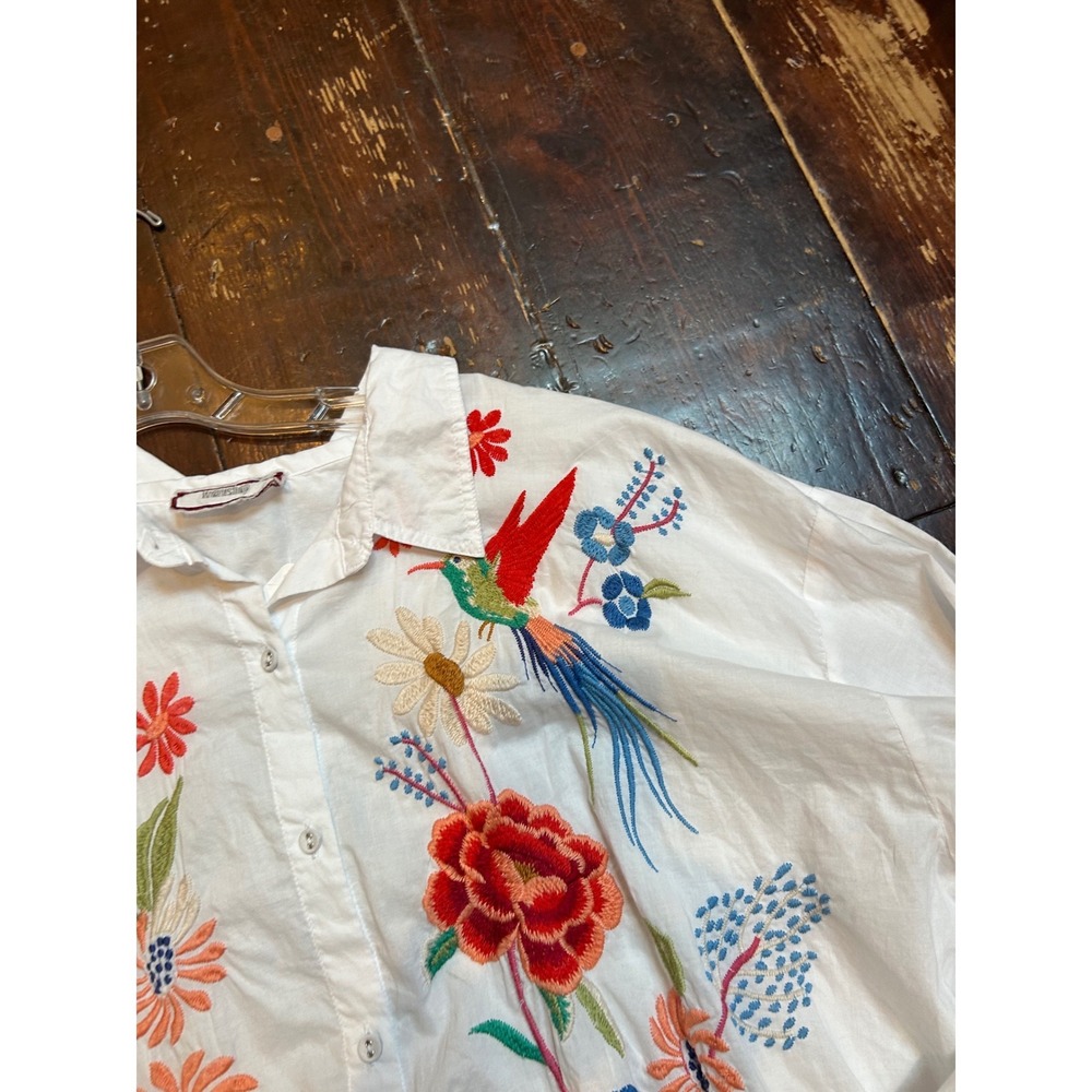 Johnny Was Workshop White Cotton Embroidered Floral Bird Blouse XL - Picture 3 of 10